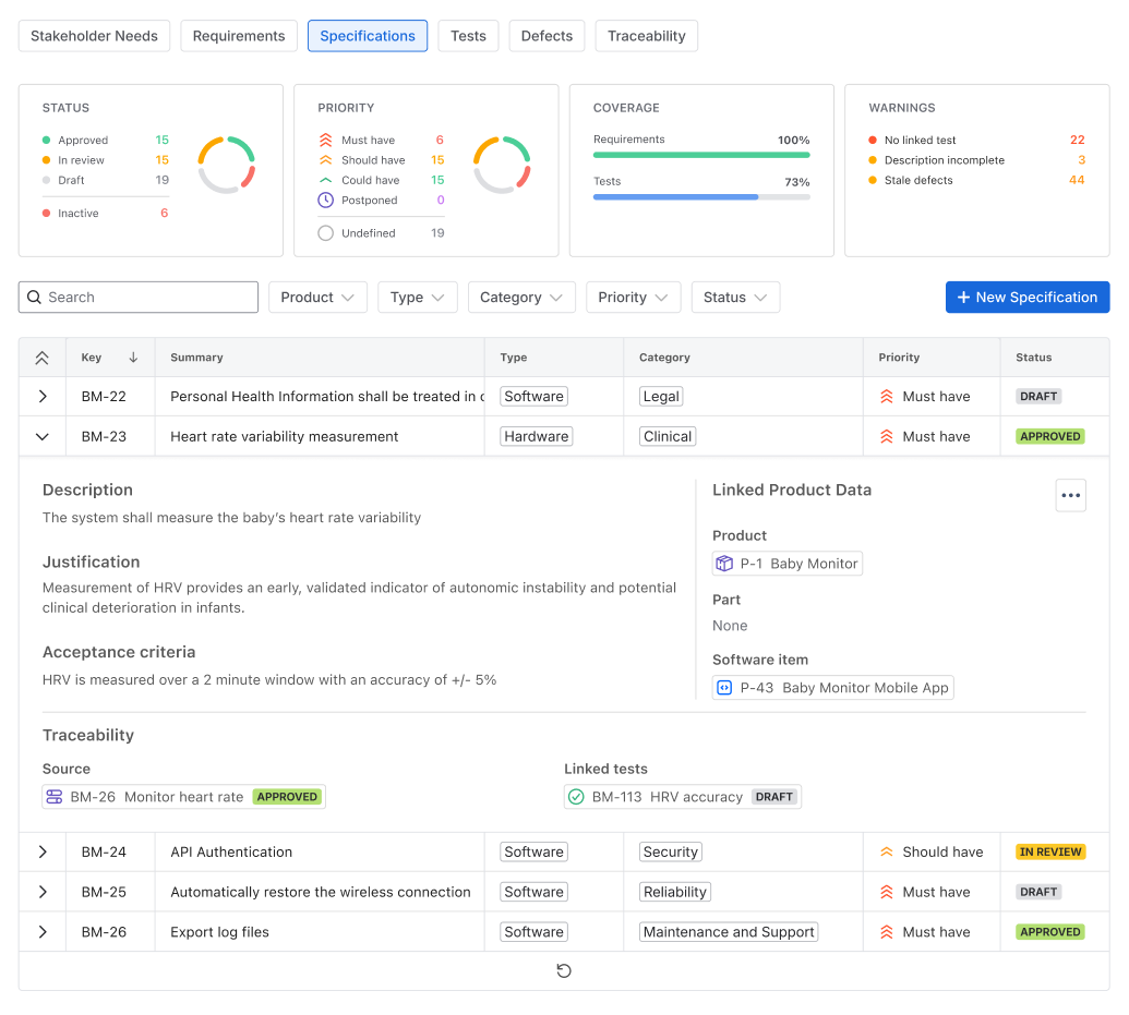 Qity Design Control inside Jira — requirements, specifications and traceability